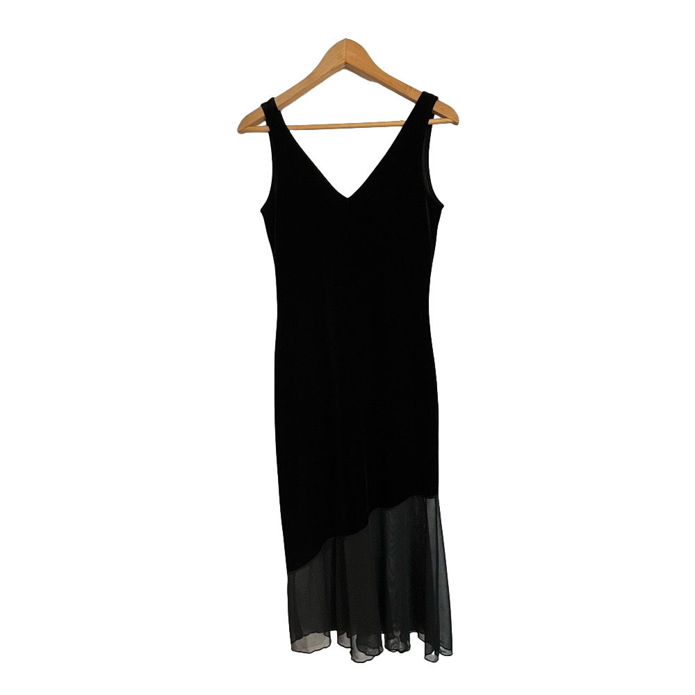 Rhapsody sleeveless velvety black dress with transparent asymmetrical flounce